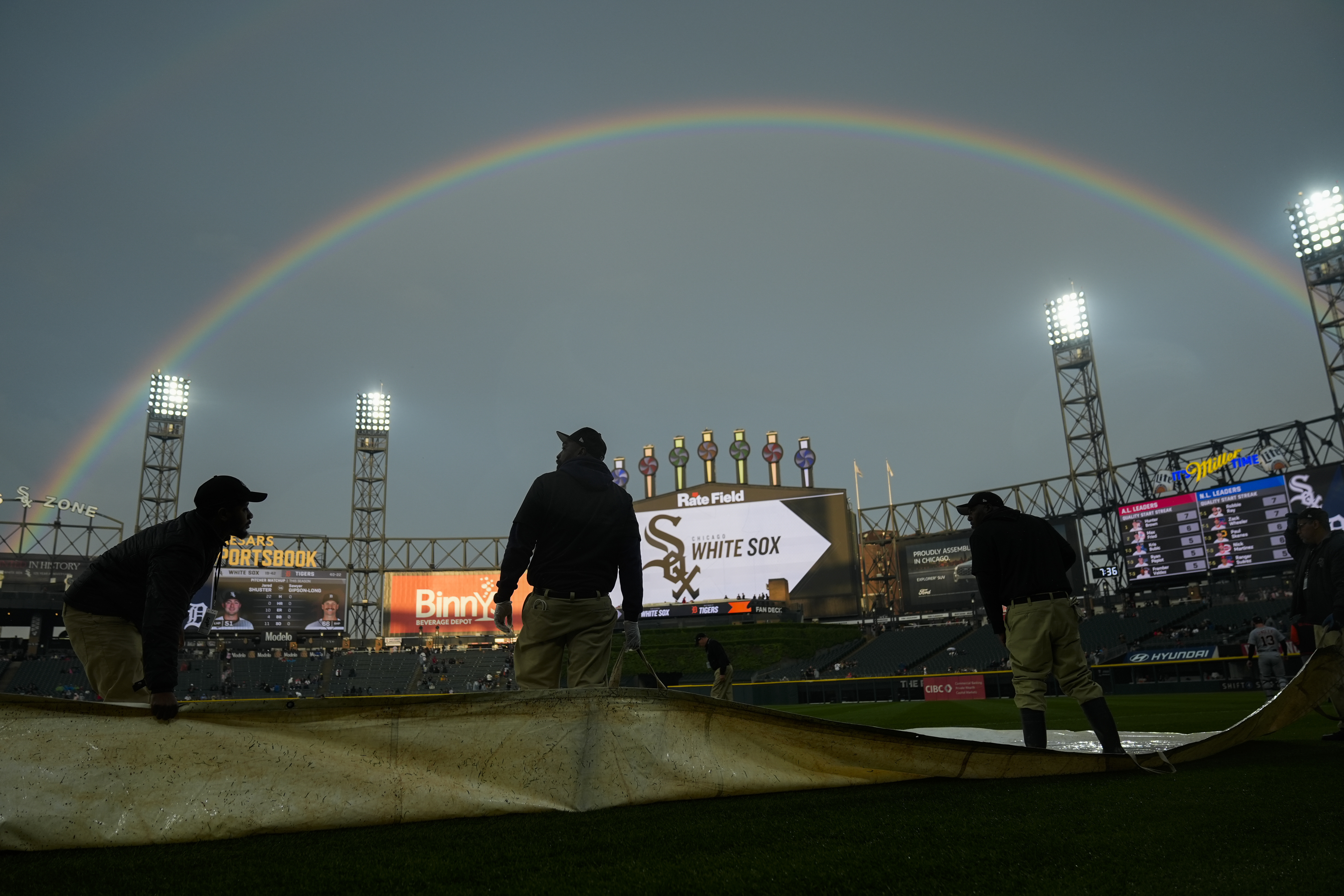 A double rainbow forms over Rate Field during a rain delay before a baseball game between the Detroit Tigers and Chicago White Sox, Wednesday, June 4, 2025, in Chicago. 