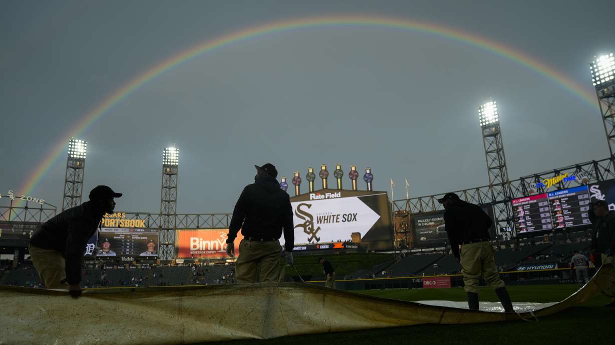 A double rainbow forms over Rate Field during a rain delay before a baseball game between the Detroit Tigers and Chicago White Sox, Wednesday, June 4, 2025, in Chicago.