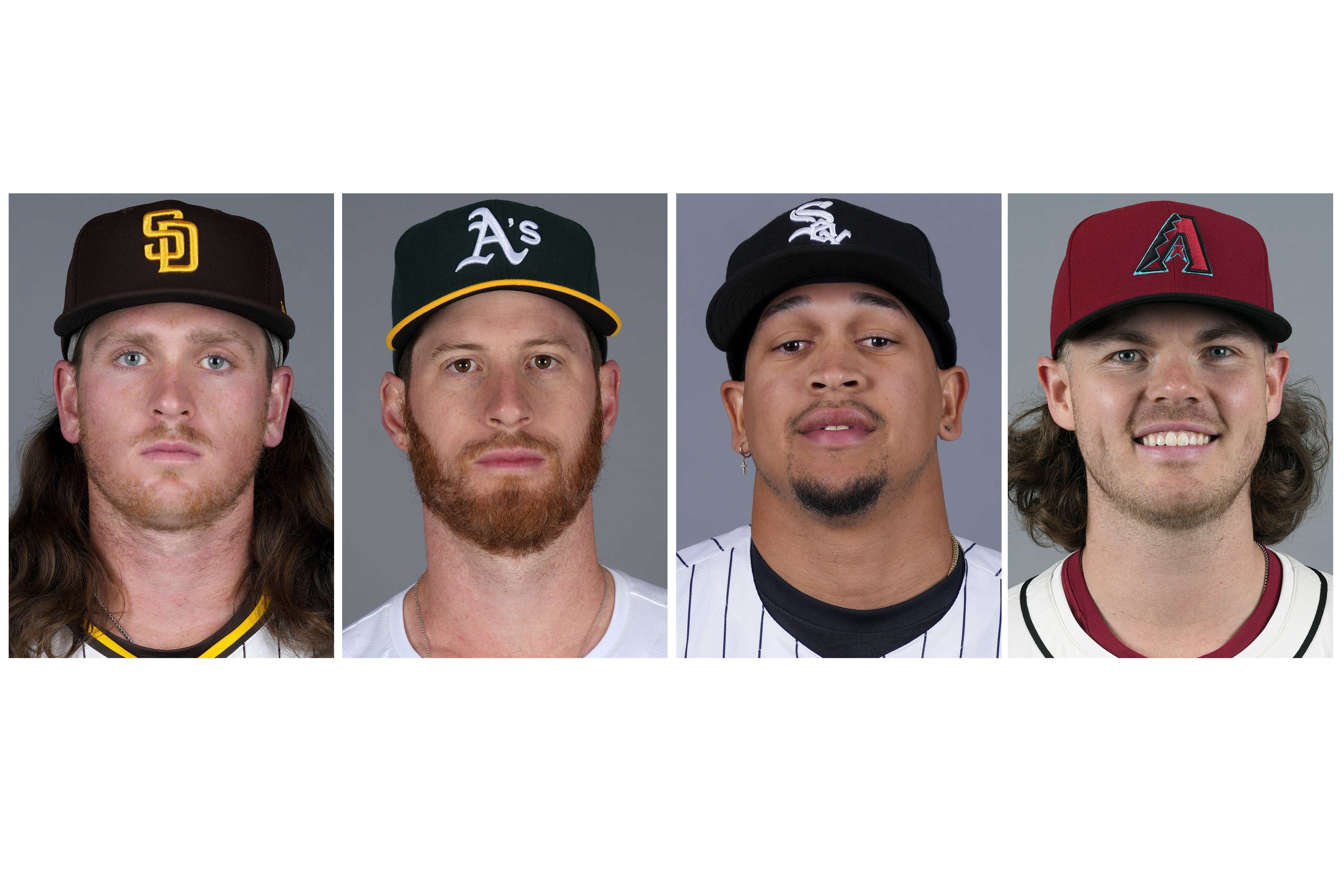 FILE - This combination of 2024 file photo shows baseball players, from left, Jay Groome, Michael Kelly, Jose Rodríguez and Andrew Saalfrank. 