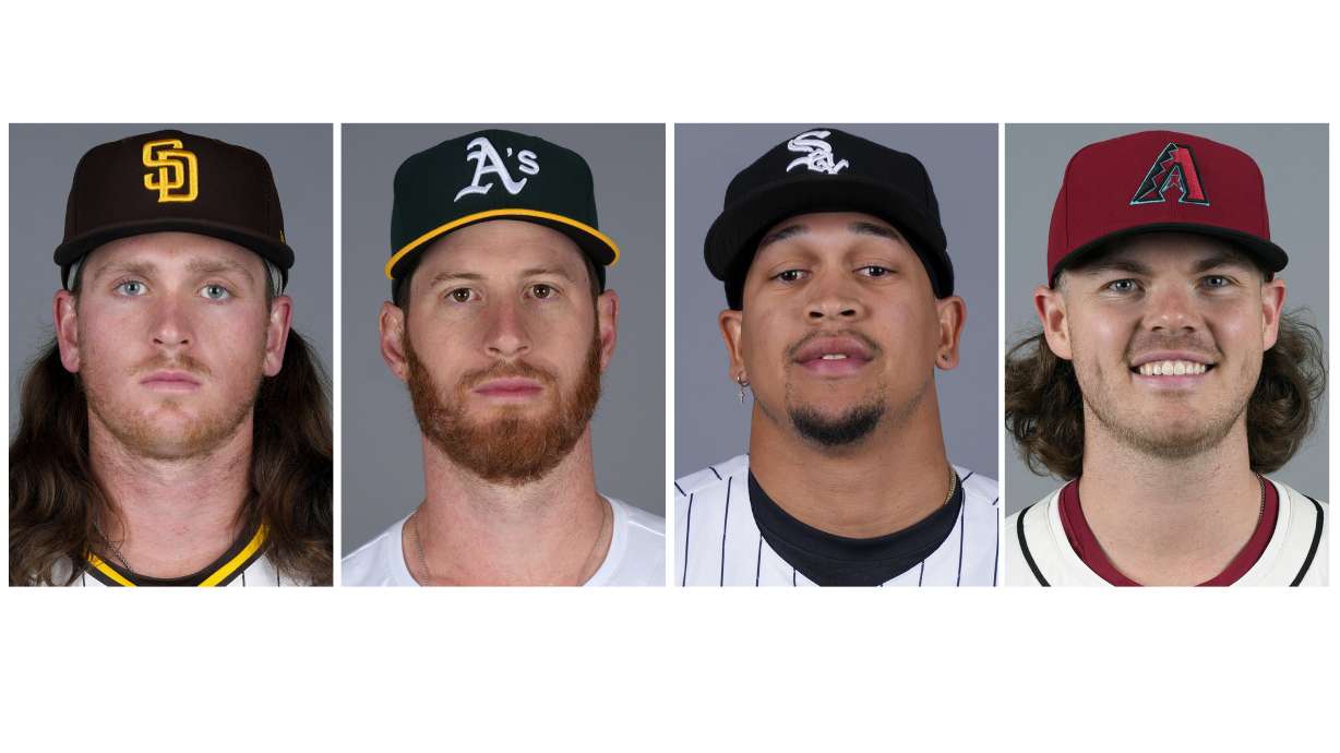 FILE - This combination of 2024 file photo shows baseball players, from left, Jay Groome, Michael Kelly, Jose Rodríguez and Andrew Saalfrank.