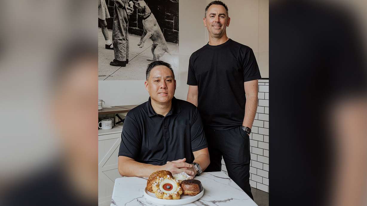 Li Hsun Sun, left, and Chris Connors, right, two of the three Bonrue Bakery cofounders. Both will stay on after their business was acquired by the Savory Fund on Wednesday.