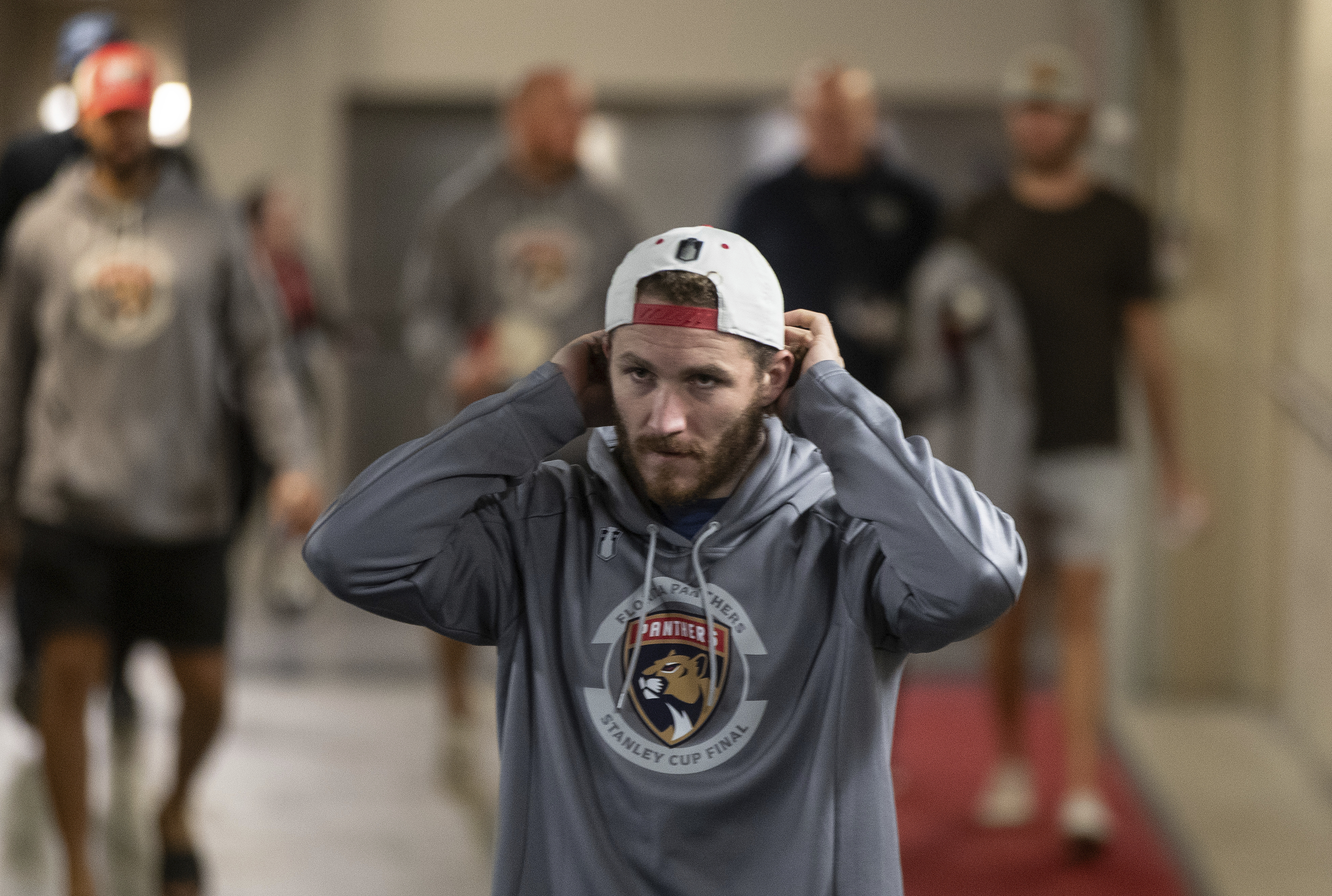 Florida Panthers' Matthew Tkachuk makes his way to speak at a news conference for the NHL hockey Stanley Cup Finals. Thursday, June 5, 2025, in Edmonton, Alberta.