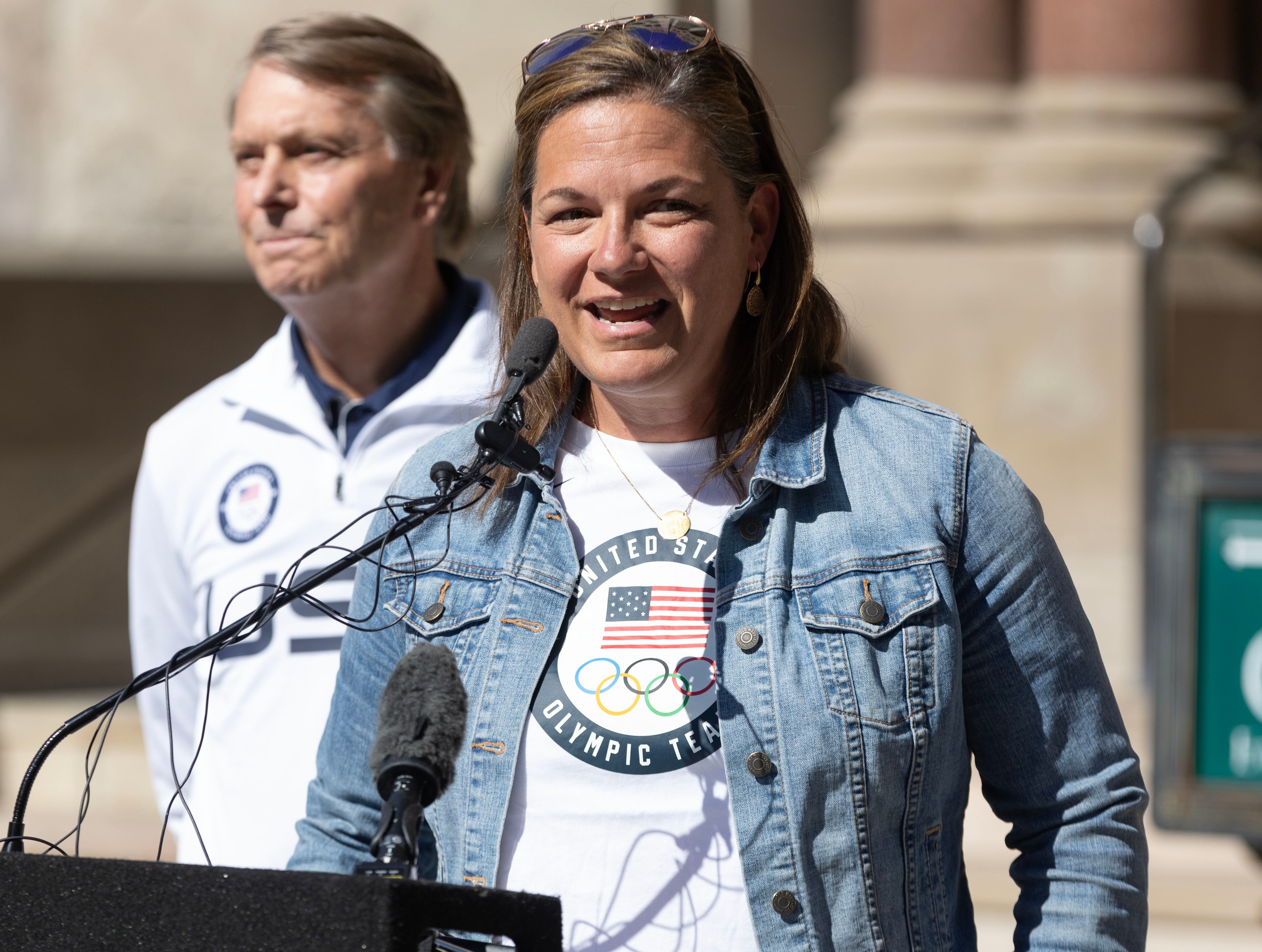 Catherine Raney Norman, the Salt Lake City-Utah 2034 Olympic bid committee board chair, speaks at a press conference announcing a July 24 viewing event for the International Olympic Committee’s anticipated host city bid decision regarding the Olympic and Paralympic Winter Games returning to Salt Lake City in 2034, in Salt Lake City on July 8, 2024.