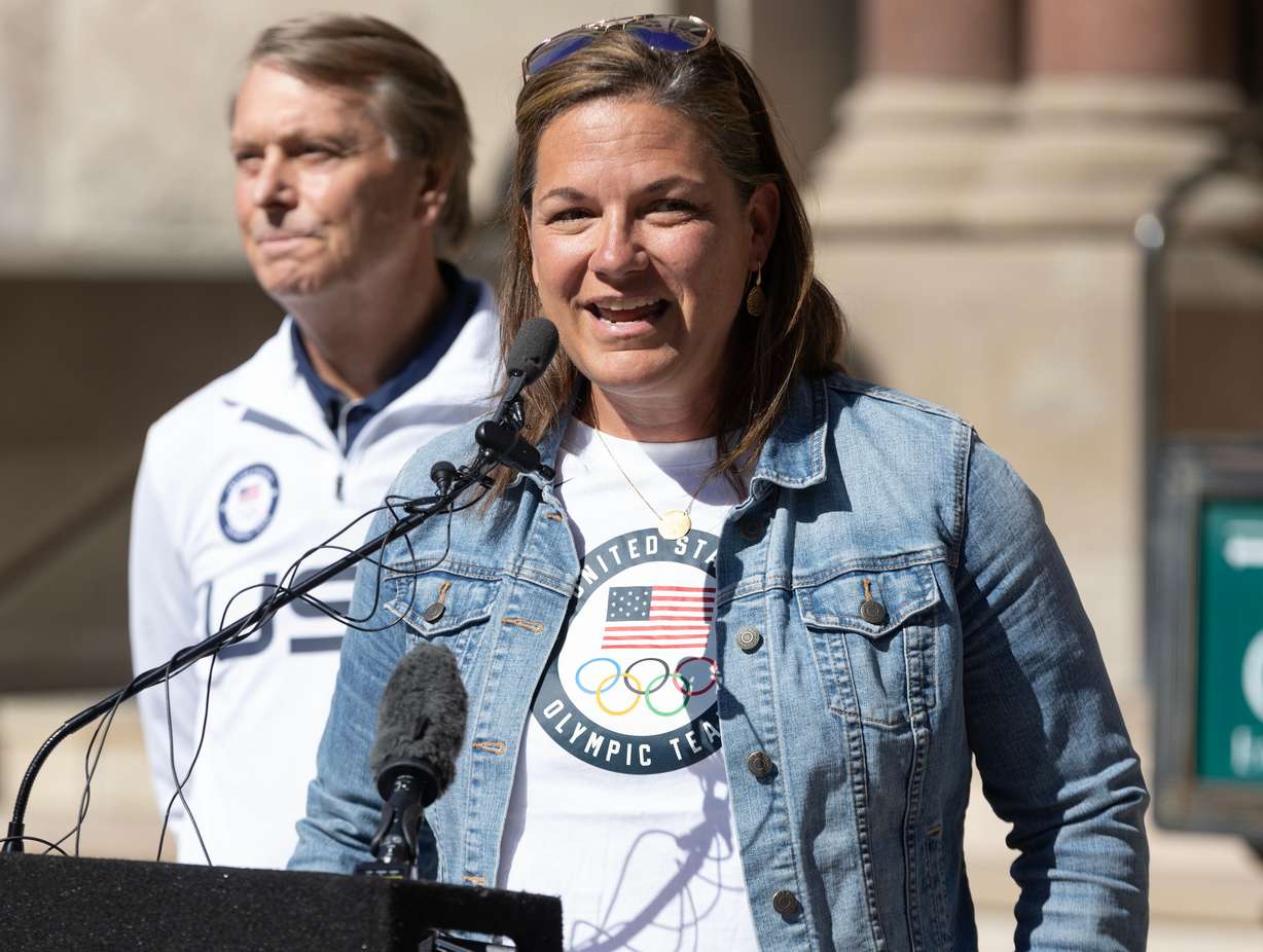 Catherine Raney Norman, the Salt Lake City-Utah 2034 Olympic bid committee board chair, speaks at a press conference announcing a July 24 viewing event for the International Olympic Committee’s anticipated host city bid decision regarding the Olympic and Paralympic Winter Games returning to Salt Lake City in 2034, in Salt Lake City on July 8, 2024.