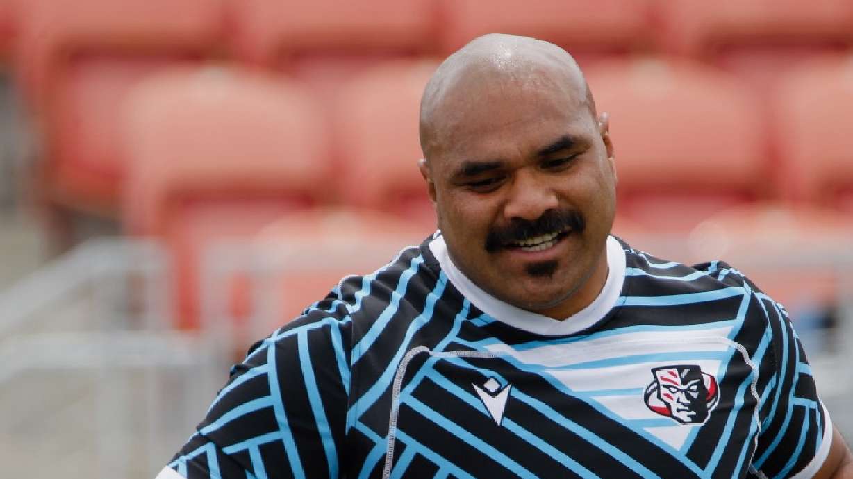 Utah Warriors back Paul Lasike practices with professional rugby team, Thursday, June 5, 2025 at Zions Bank Stadium in Herriman. Lasike's final regular-season match of his pro rugby career will be Saturday against RFC Los Angeles.