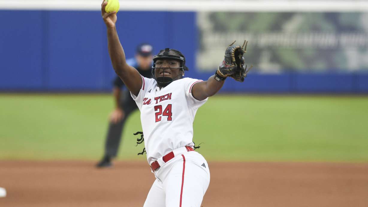 Texas Tech pitcher NiJaree Canady throws during the second game of the NCAA softball Women's College World Series finals against Texas in Oklahoma City, Thursday, June 5, 2025.