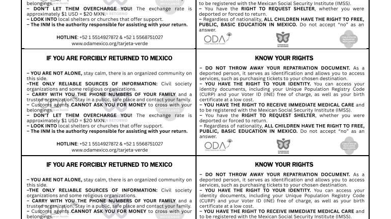 The photo shows the template of a Green Card, spelling out the rights in Mexico of those deported to the country from the United States. Two Mexican groups and a U.S.-based group are behind the initiative.