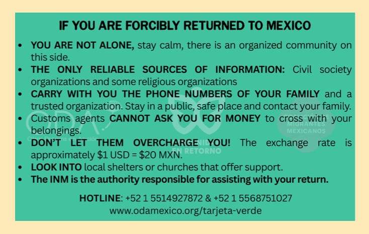 The photo shows one side of a card to be distributed as part of the Green Card campaign, meant to inform Mexicans of their rights in the country if deported from the United States. Two Mexican groups and a U.S.-based group are behind the initiative.