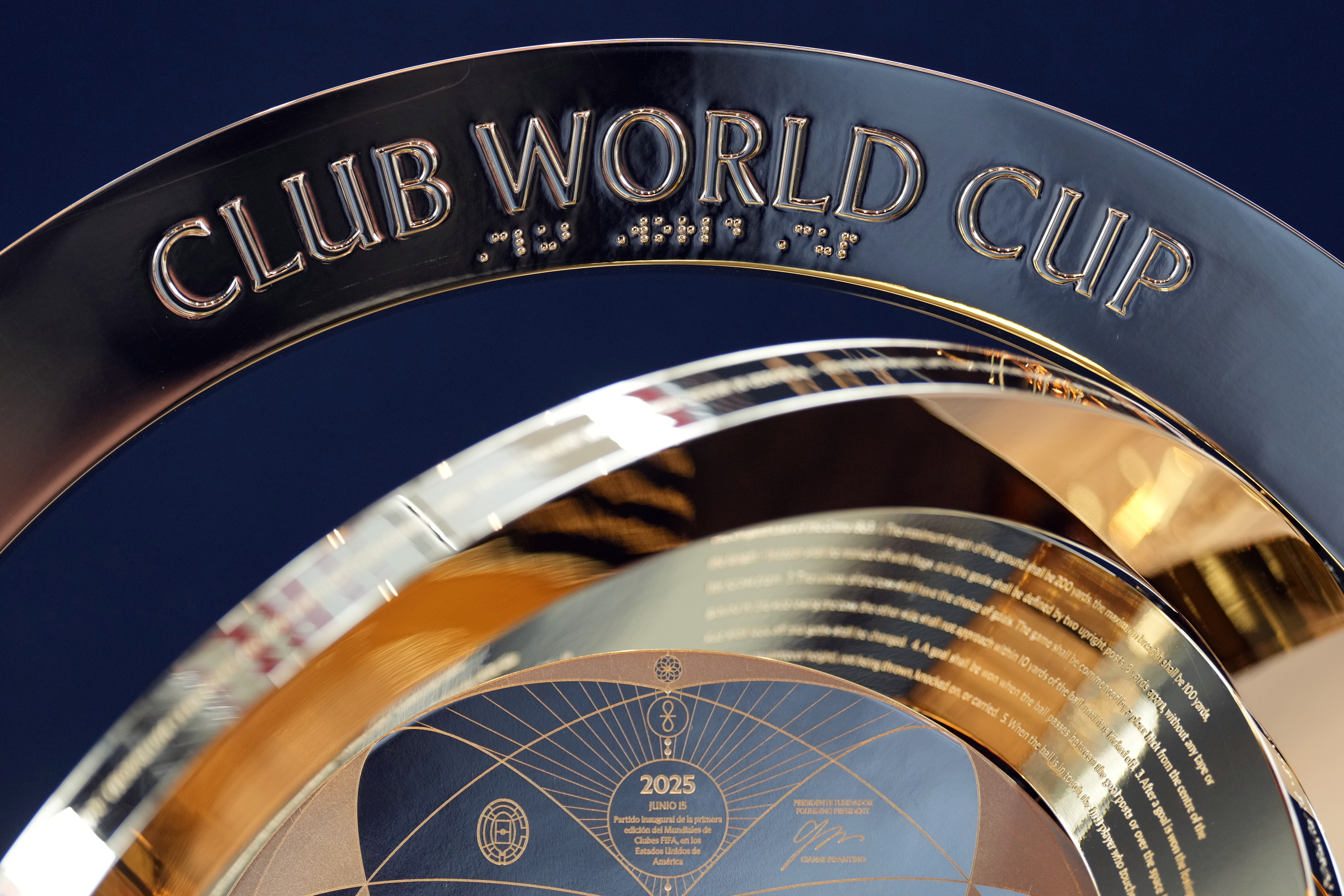The FIFA Club World Cup soccer trophy is displayed Friday, May 16, 2025, in Nashville, Tenn. 