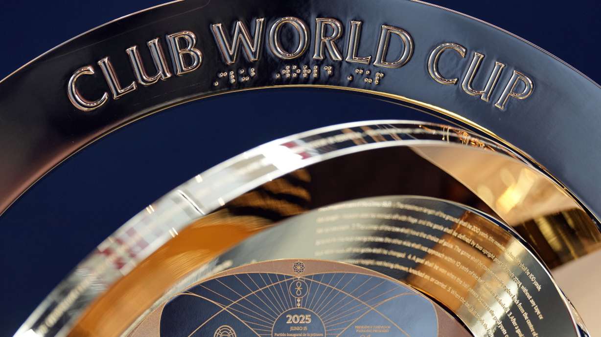 The FIFA Club World Cup soccer trophy is displayed Friday, May 16, 2025, in Nashville, Tenn.