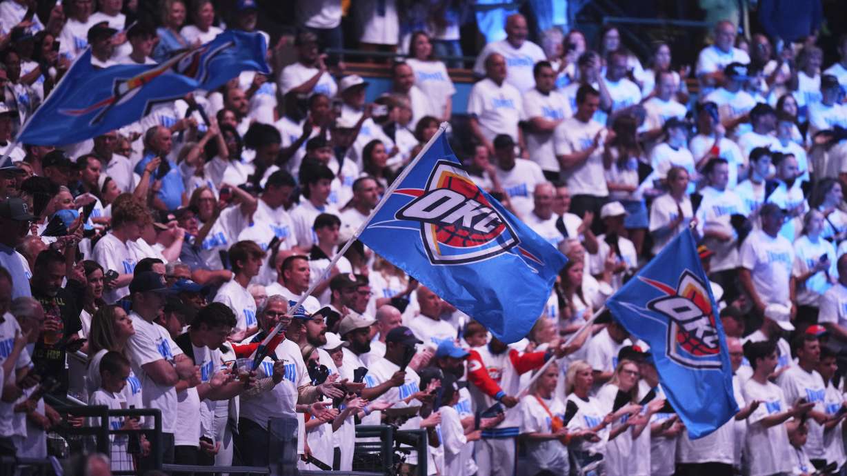 Fans cheer before Game 1 of the NBA Finals basketball series between the Indiana Pacers and the Oklahoma City Thunder Thursday, June 5, 2025, in Oklahoma City.