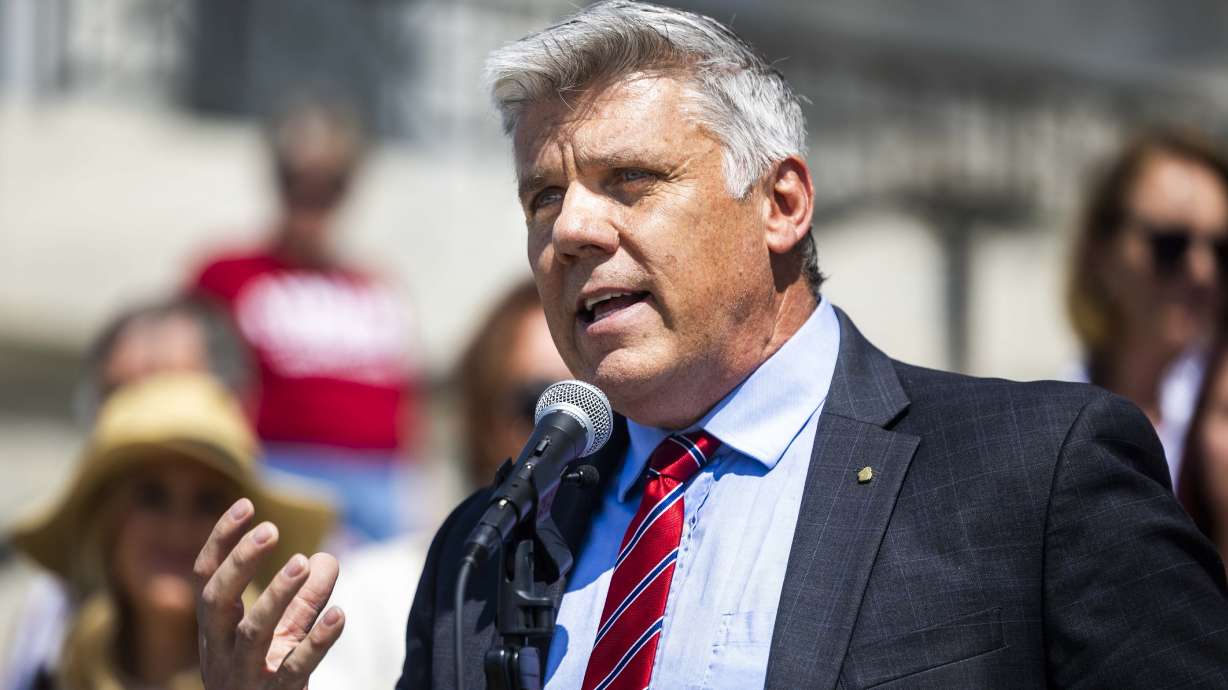 Phil Lyman speaks at a press conference announcing a lawsuit to require Lt. Gov. Deidre Henderson to give Lyman a copy of the Statewide Voter Registration List, at the Capitol in Salt Lake City Friday.