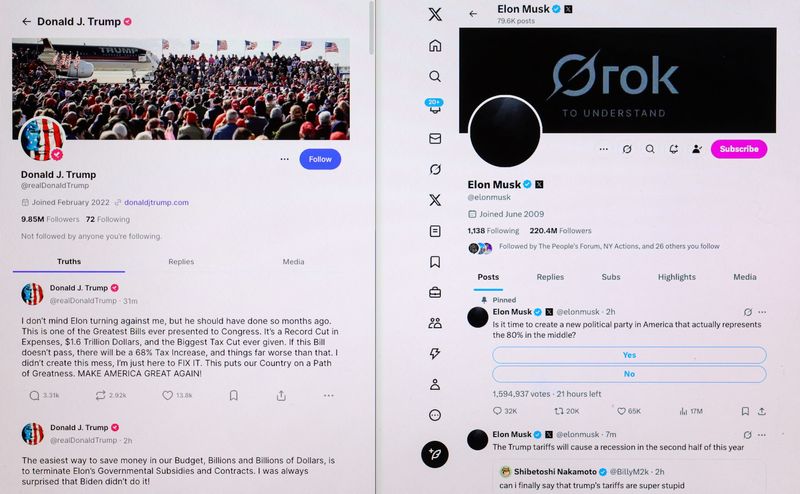 President Donald Trump's Truth Social account and Elon Musk's X account show verbal sparring between the two Thursday. Trump said Friday he has no plans to speak with Musk amid their feud over Trump's tax-cut bill.