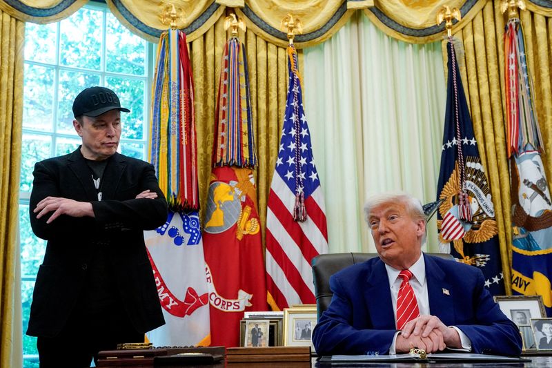 President Donald Trump and Elon Musk attend a press conference in the Oval Office May 30. Trump said Friday he has no plans to speak with Musk amid their feud over Trump's tax-cut bill.