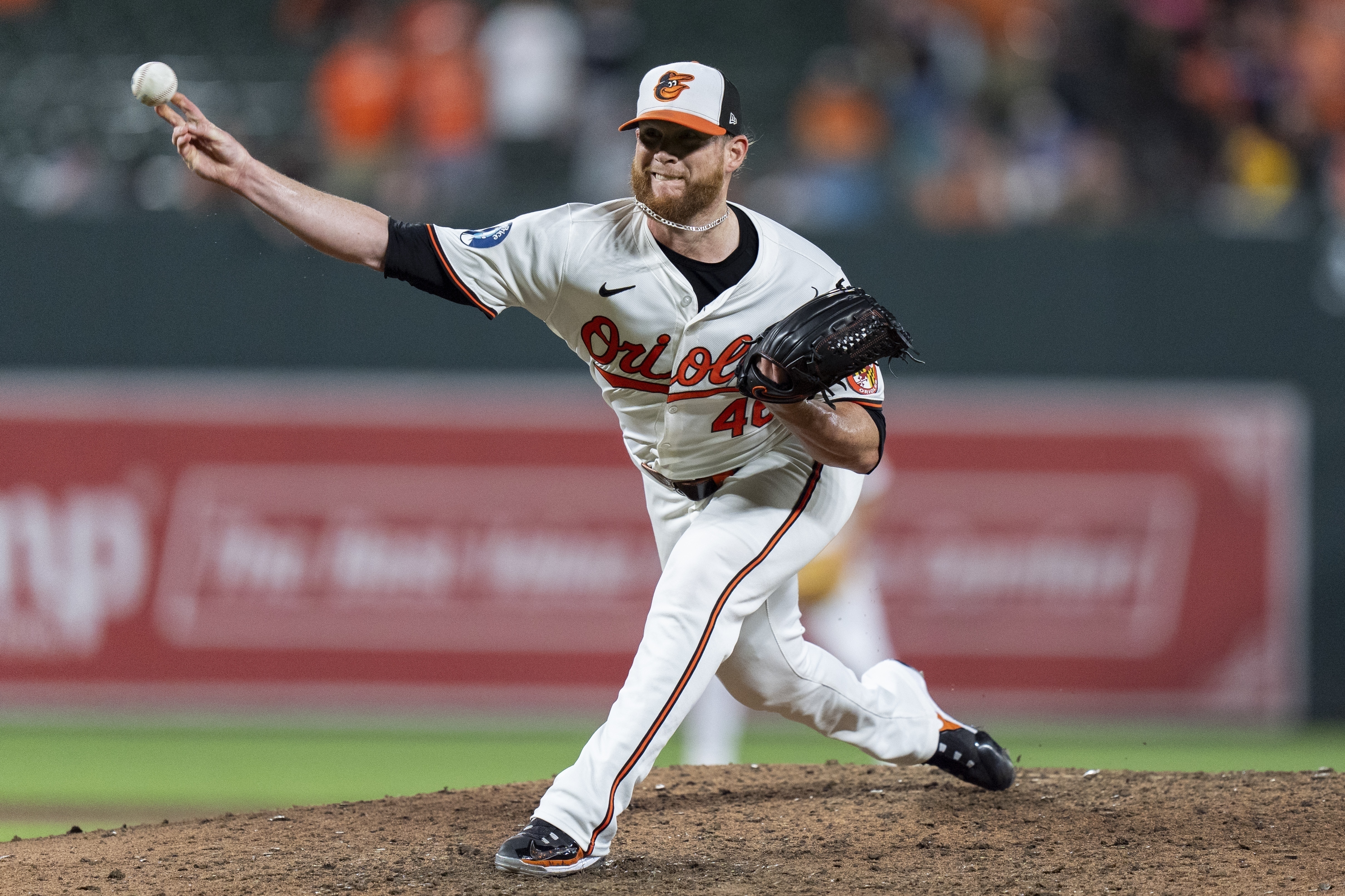 FILE - Baltimore Orioles relief pitcher Craig Kimbrel delivers during the ninth inning of a baseball game against the Chicago White Sox, Tuesday, Sept. 3, 2024, in Baltimore.