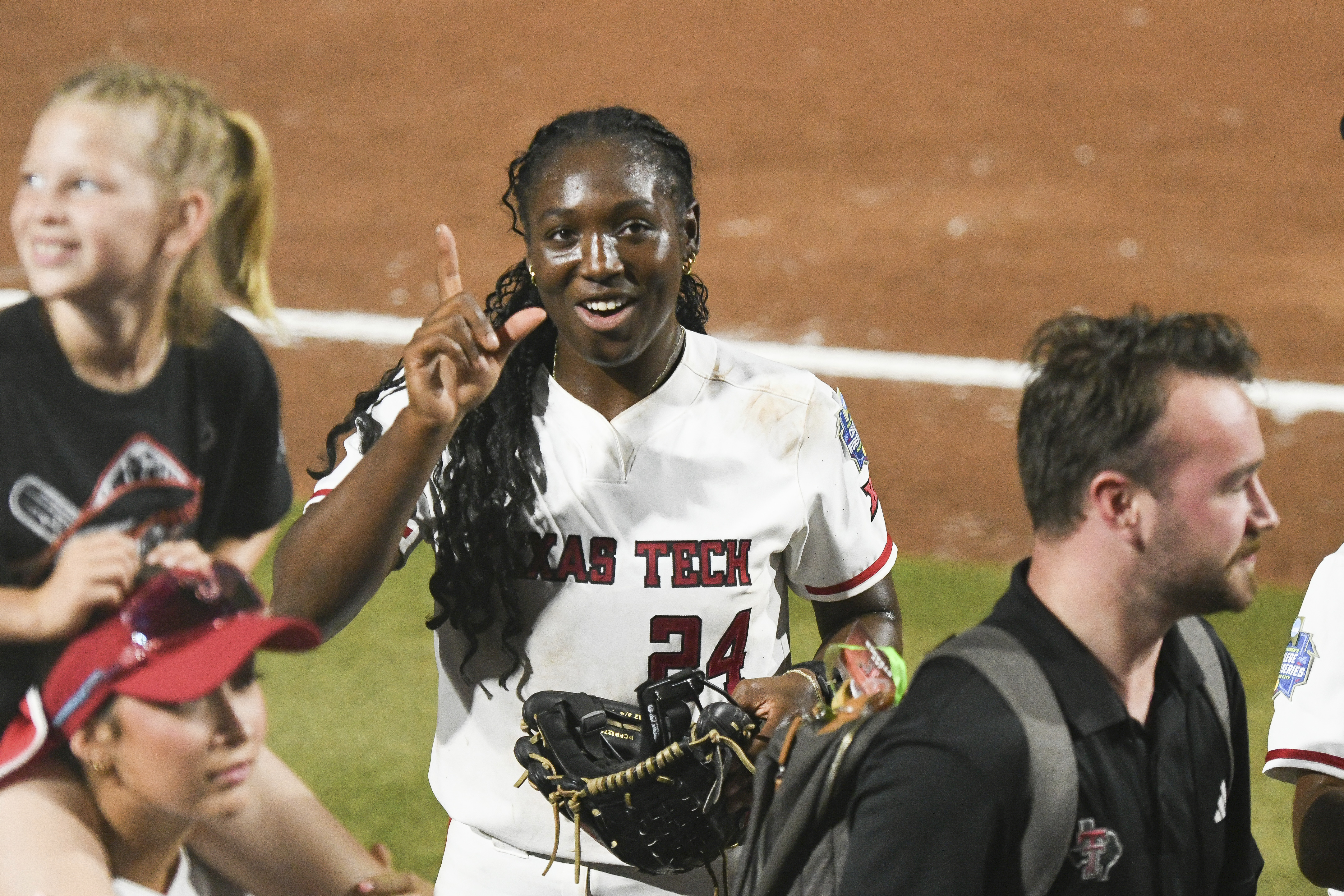 Texas Tech pitcher NiJaree Canady celebrates during the second game of the NCAA softball Women's College World Series finals against Texas in Oklahoma City, Thursday, June 5, 2025. (AP Photo/Kyle Phillips