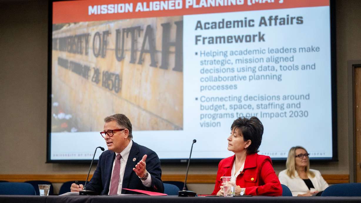 University of Utah President Taylor Randall and Senior Vice President for Academic Affairs Mitzi Montoya outline plans to the Utah Board of Higher Education in South Salt Lake Friday. The meeting showed some of the future of Utah's higher education.