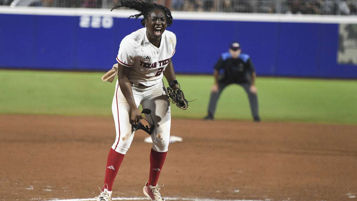 Texas Tech pitcher NiJaree Canady celebrates during the second game of the NCAA softball Women's College World Series finals against Texas in Oklahoma City, Thursday, June 5, 2025.