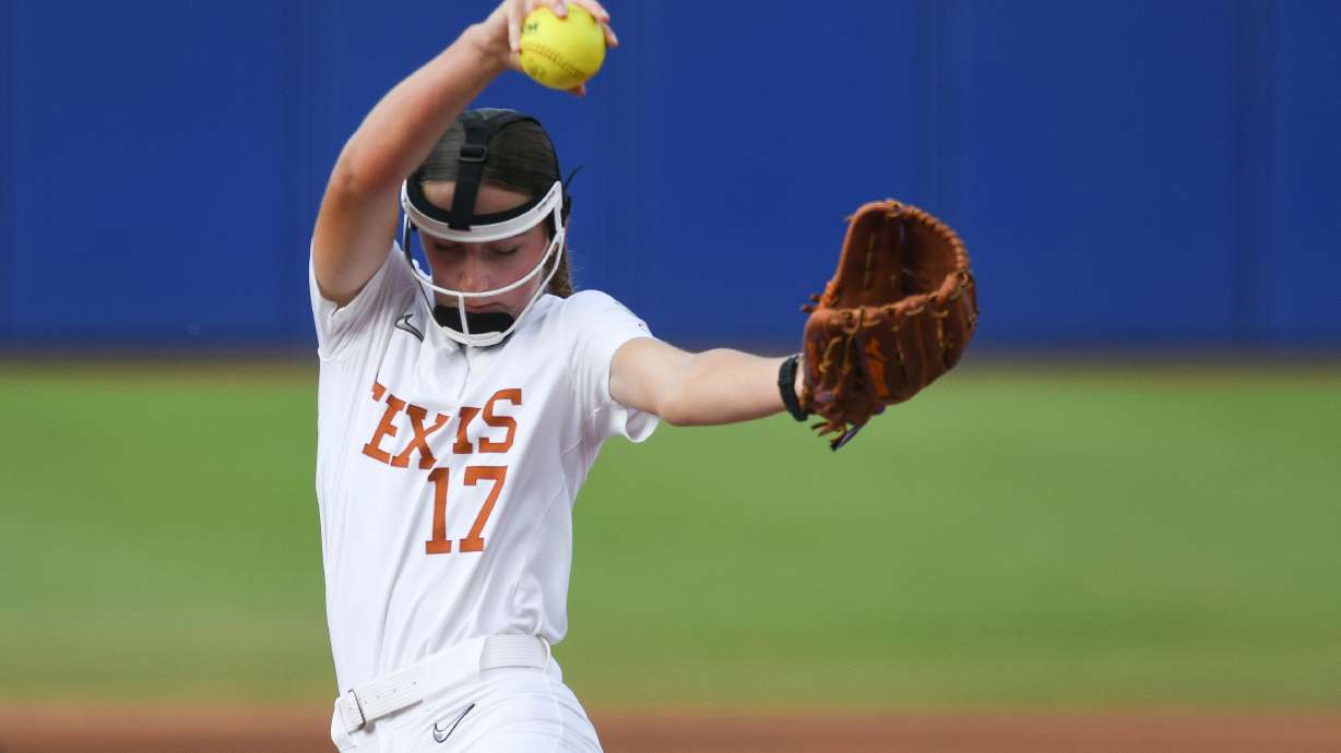 Texas pitcher Teagan Kavan throws during the third game of the NCAA softball Women's College World Series finals agaisnt texas Tech in Oklahoma City, Friday, June 6, 2025.