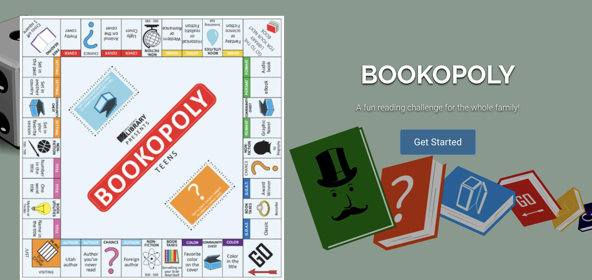 Bookopoly, a reading take on Monopoly, is Davis County Library's latest reading program. Here is a copy of the game's board, along with a look at the game's webpage.