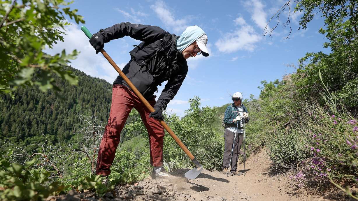 Volunteers Eric Hodgson and Cole Dugdale, Cottonwood Canyons Foundation trail crew members, do trail work on Burch Hollow Trail in Millcreek Canyon on Friday. Saturday is National Trails Day.