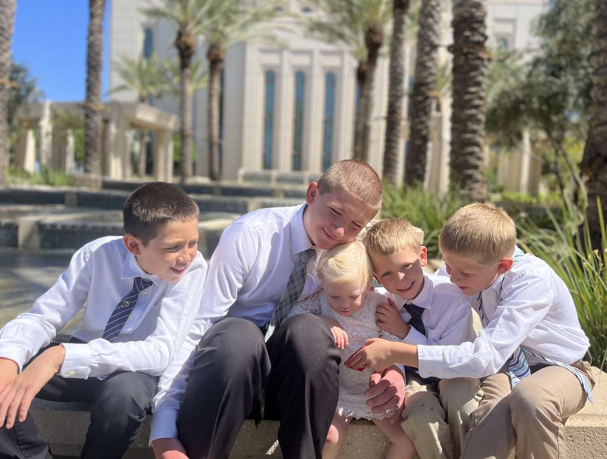 Skylar Hubbard with her four older brothers shortly after she was officially adopted at age 2. Skylar, now 4, is receiving treatment for an ultra-rare genetic disorder called beta-mannosidosis at Primary Children's Hospital in Salt Lake City.