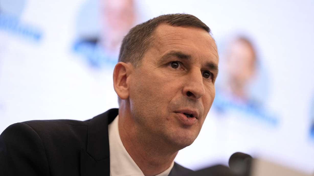 FILE - President of FIFPRO Europe David Terrier speaks during a media conference on protecting player health and safeguarding the sustainability of national leagues at the Residence Palace in Brussels, on Monday, Oct. 14, Oct. 8, 2024.