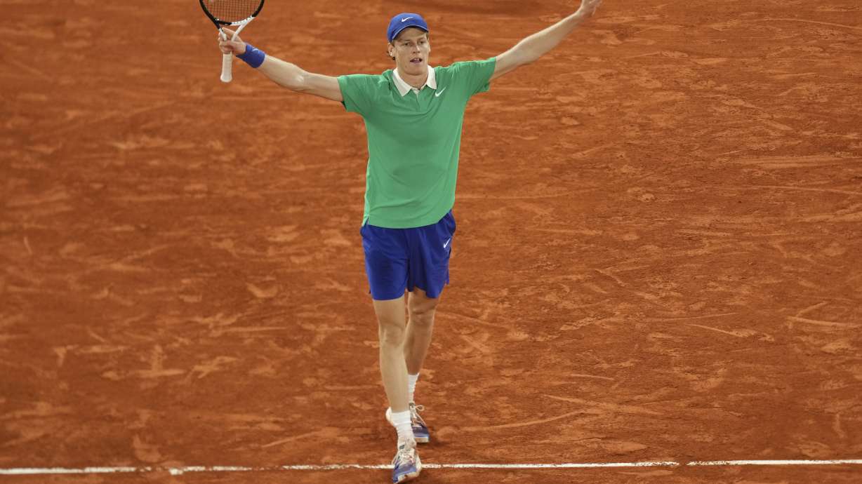 Italy's Jannik Sinner celebrates as he won the semifinal match of the French Tennis Open against Serbia's Novak Djokovic at the Roland-Garros stadium in Paris, Friday, June 6, 2025.