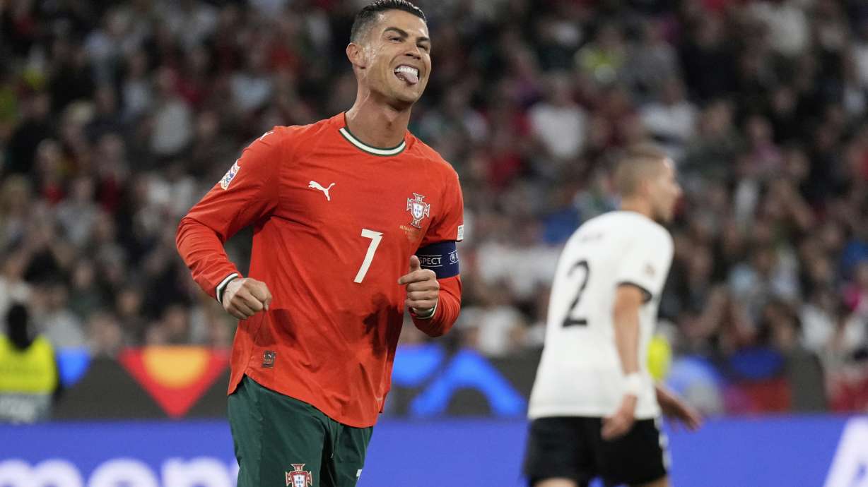 Portugal's Cristiano Ronaldo reacts after missing an opportunity to score during the Nations League semifinal soccer match between Portugal and Germany at the Munich Football Arena, in Munich, Germany, Wednesday, June 4, 2025.