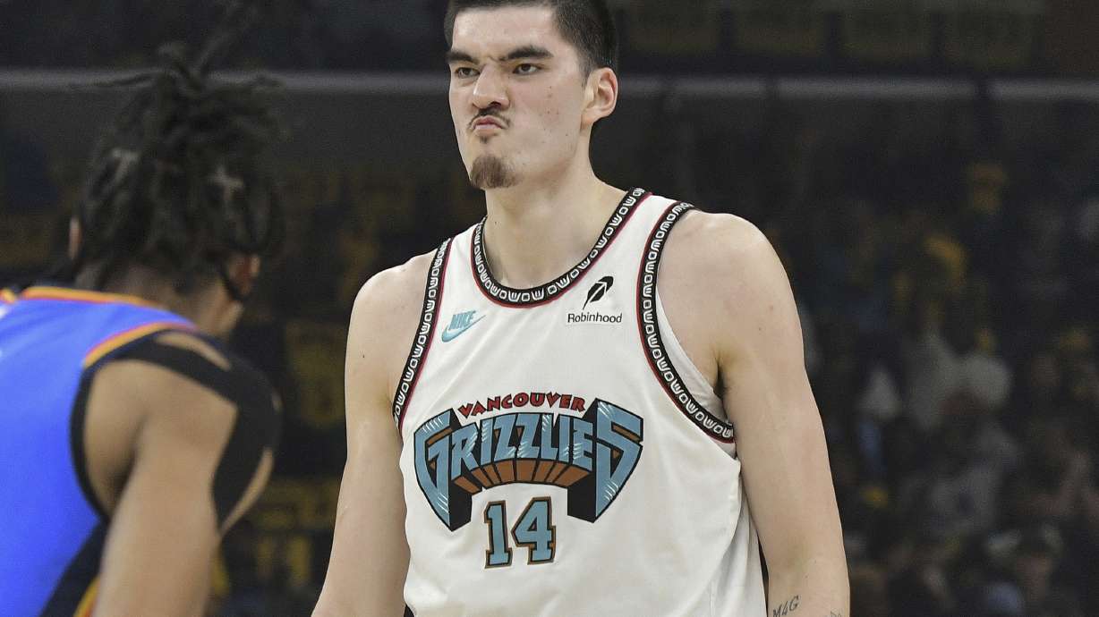 FILE - Memphis Grizzlies center Zach Edey (14) reacts in the first half of Game 3 of an NBA first-round playoff series against the Oklahoma City Thunder in Memphis, Tenn., on Thursday, April 24, 2025.