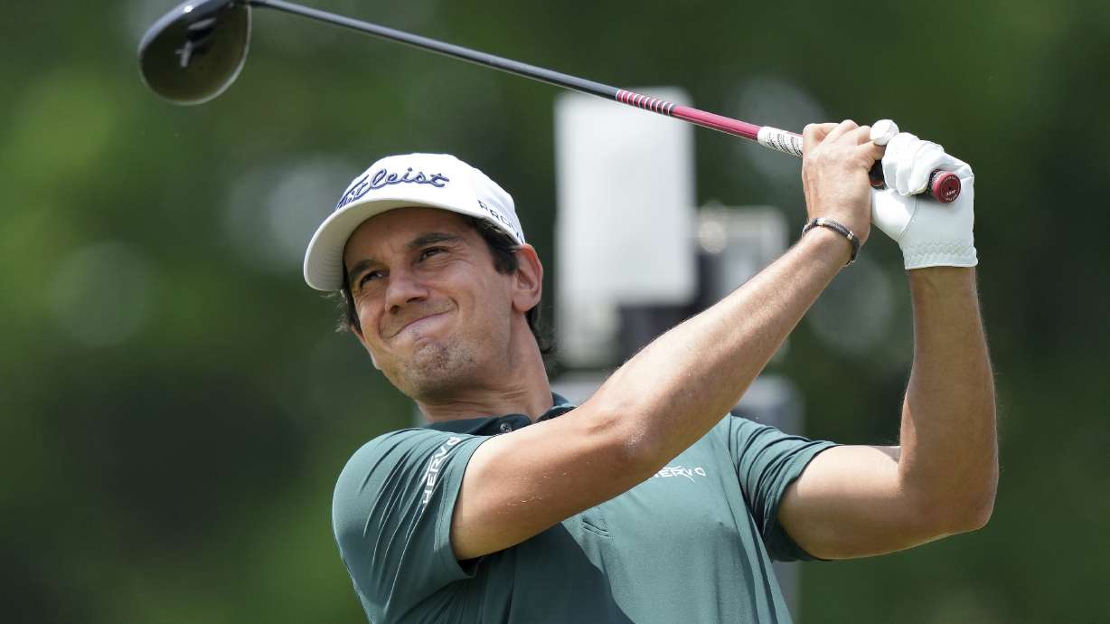 Matteo Manassero tees off on the fifth hole during the third round of the Canadian Open golf tournament in Caledon, Ontario, Saturday, June 7, 2025.