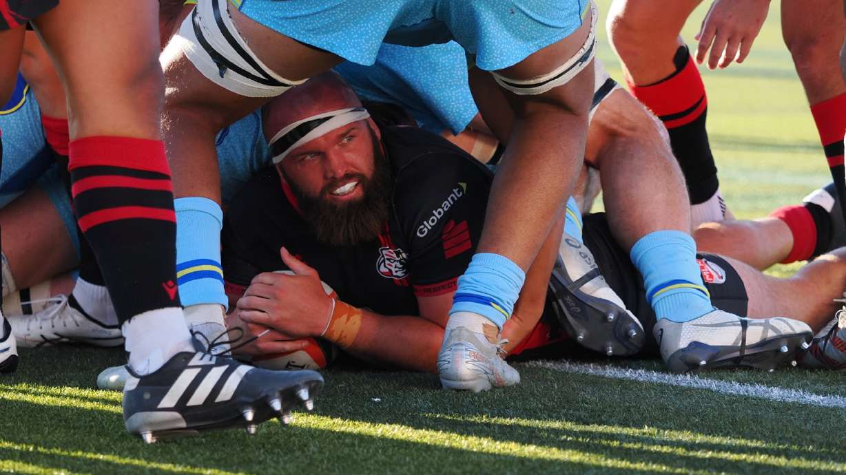 Liam Coltman scores one of his two tries off a maul during the Utah Warriors' 48-33 win over RFC Los Angeles, Saturday, June 7, 2025 that clinched the No. 1 seed in the West for the upcoming Major League Rugby playoffs.