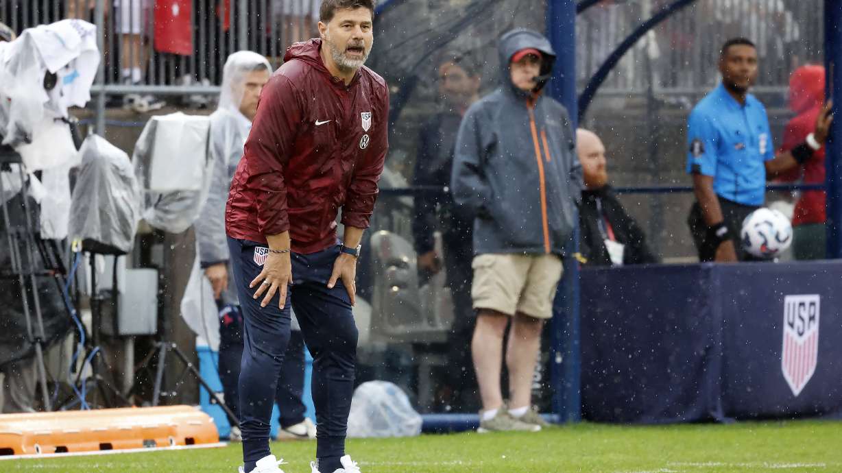 United States head coach Mauricio Pochettino encourages his team during the first half of an international friendly soccer game against Turkey, Saturday, June 7, 2025, in East Hartford, Conn.