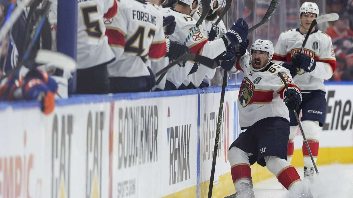 Florida Panthers' Brad Marchand (63) celebrates his goal against the Edmonton Oilers during the second period in Game 2 of the NHL hockey Stanley Cup Finals, in Edmonton, Alberta, Friday, June 6, 2025.