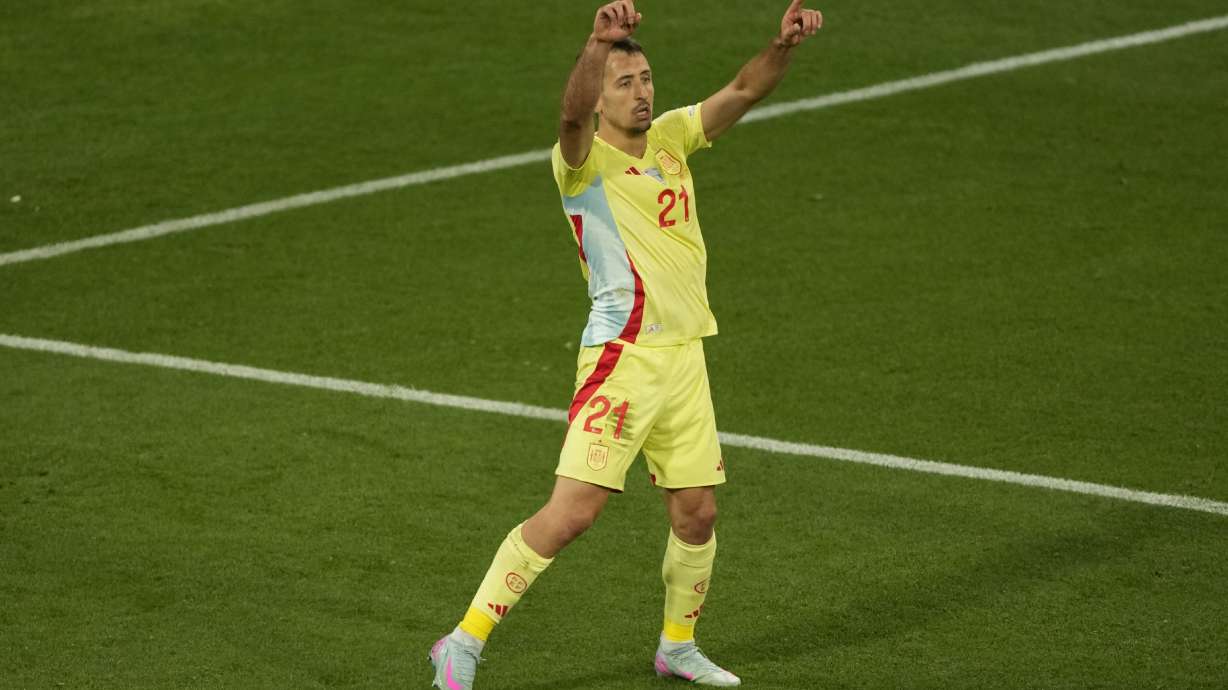 Spain's Mikel Oyarzabal celebrates scoring his side's second goal against Portugal during the Nations League final soccer match between Portugal and Spain at the Allianz Arena in Munich, Germany, Sunday, June 8, 2025.