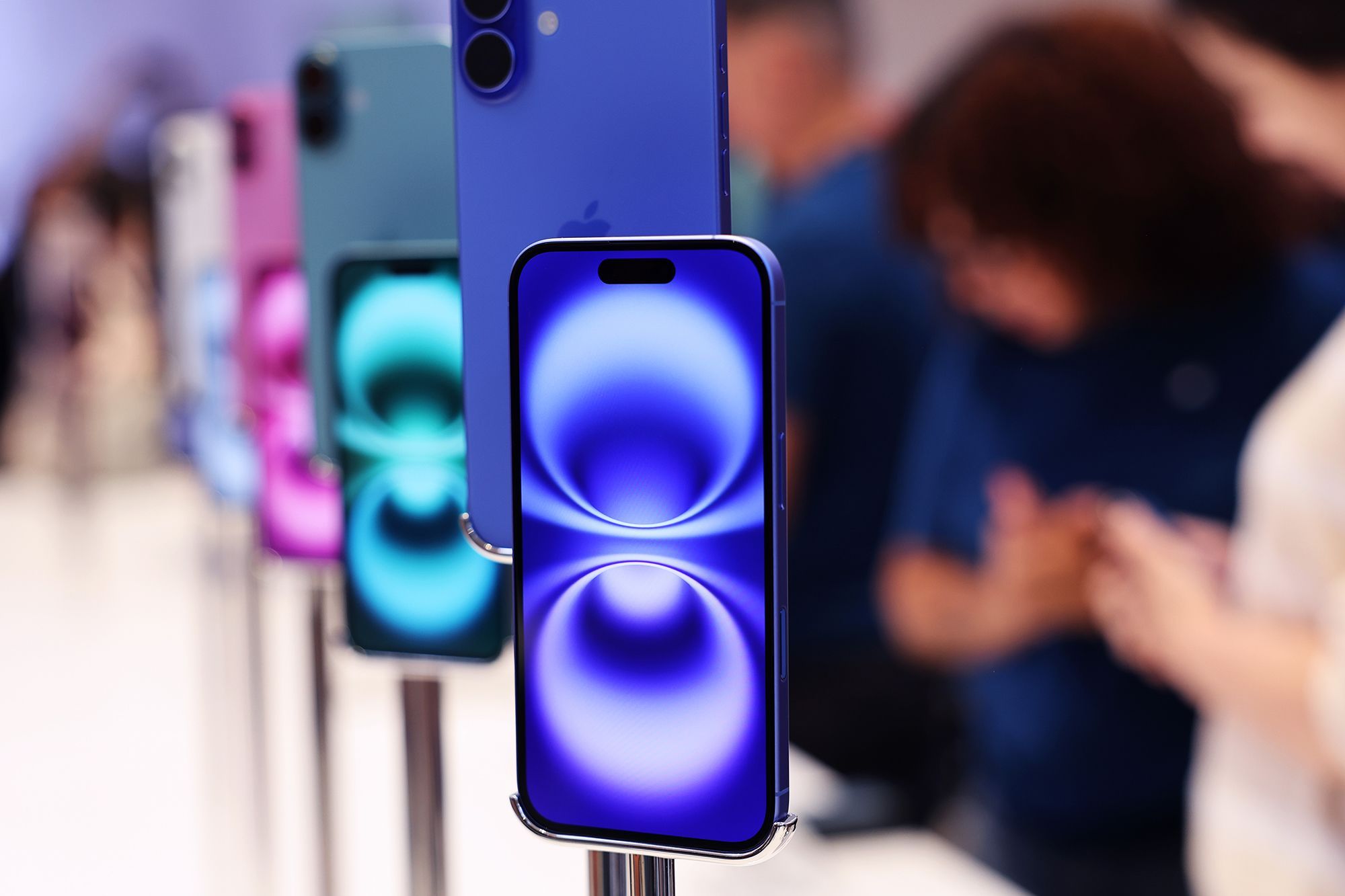 iPhone 16 phones are seen at the Fifth Avenue Apple Store in New York City in September 2024. Apple is set to announce changes to how people use iPhones at the Worldwide Developers Conference on Monday.