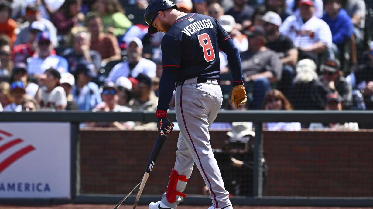 Atlanta Braves' Alex Verdugo (8) breaks his bat after striking out in the ninth inning of a baseball game against the San Francisco Giants at Oracle Park in San Francisco, Sunday, June 8, 2025.