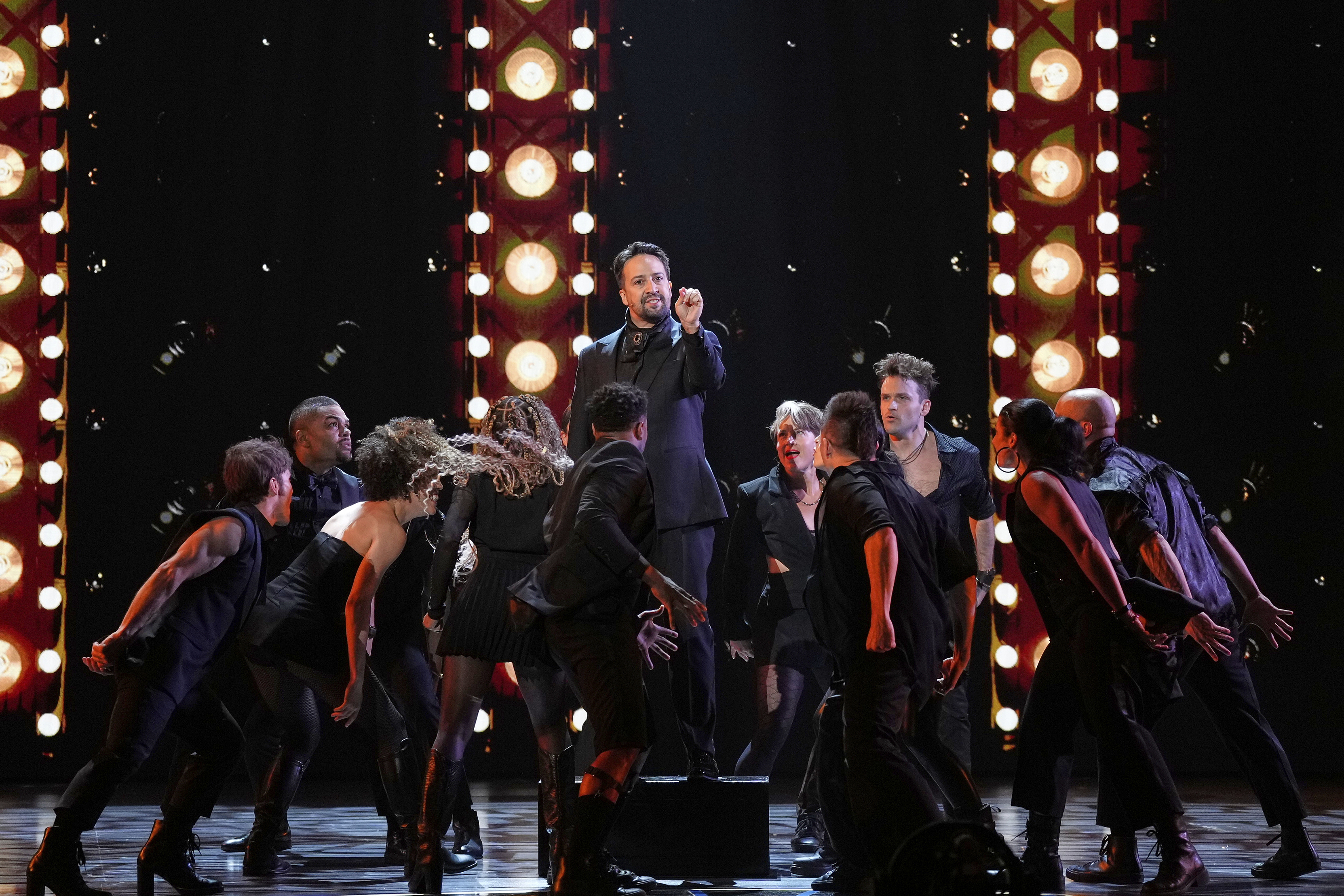 Lin-Manuel Miranda, center, performs a medley from "Hamilton" during the 78th Tony Awards, on June 8 at Radio City Music Hall in New York.