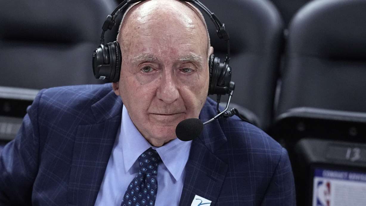FILE - Broadcaster Dick Vitale prepares to announce an NCAA college basketball game between Michigan State and Kentucky, Tuesday, Nov. 15, 2022, in Indianapolis.