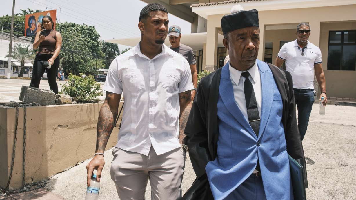 Tampa Bay Rays shortstop Wander Franco and his lawyer, Teodosio Jaquez, leave court during a break in his trial on charges of sexually abusing a minor, in Puerto Plata, Dominican Republic, Monday, June 2, 2025.