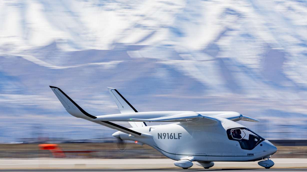 Aerospace company Beta Technologies conducts a flight demonstration of its Alia aircraft at Atlantic Aviation in Salt Lake City on March 10. Beta Technologies last week landed a passenger-filled prototype at John F. Kennedy International Airport.