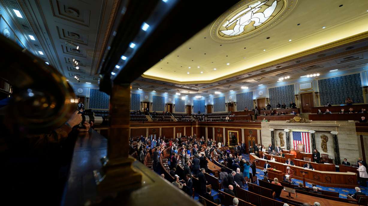 Democratic members stand in the House chamber in Washington, Jan. 5, 2023. Utah Rep. Burgess Owens cosponsored a measure to honor Frederick Douglass.