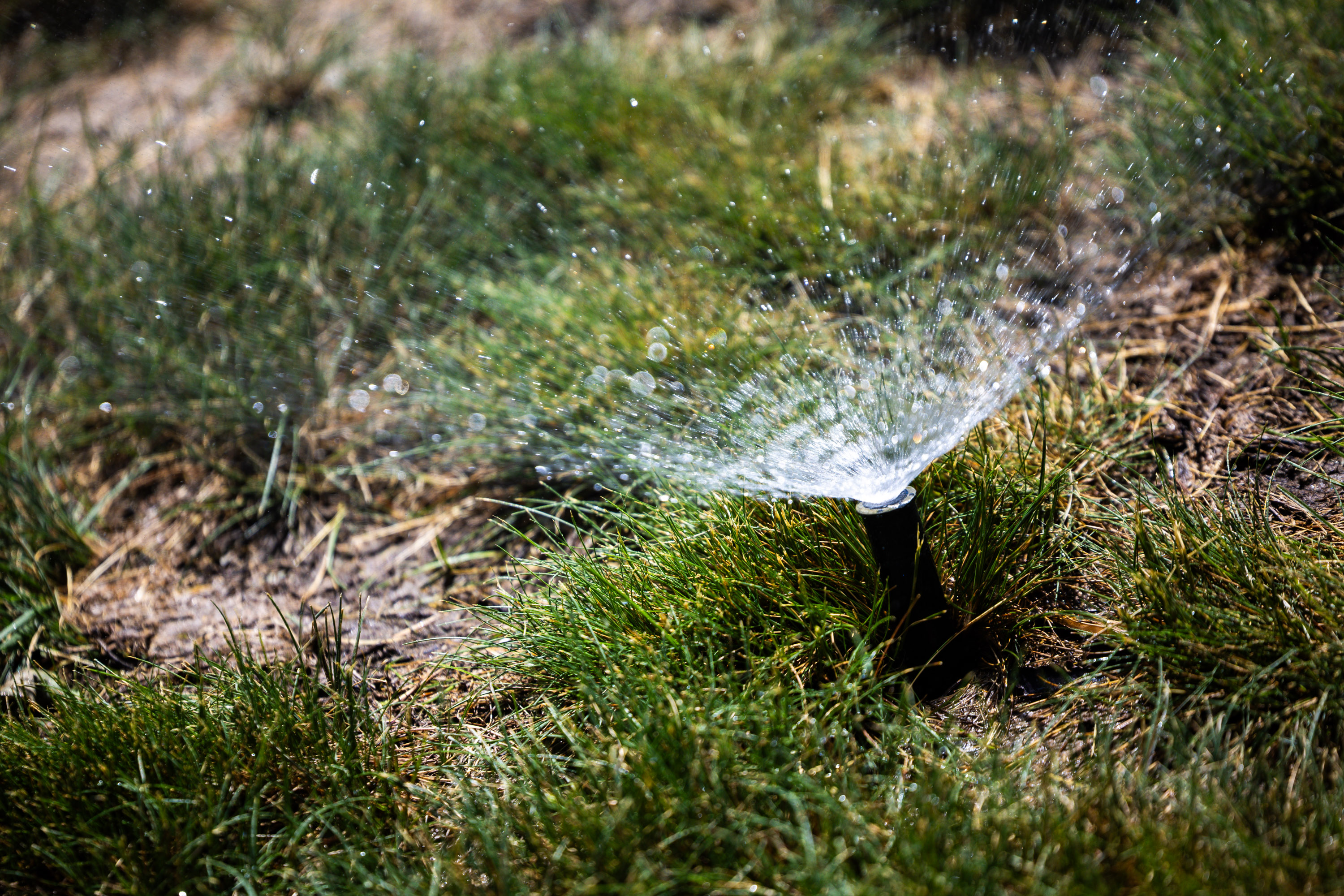 Sprinklers spray water in the Capitol Hill neighborhood in Salt Lake City on Monday.