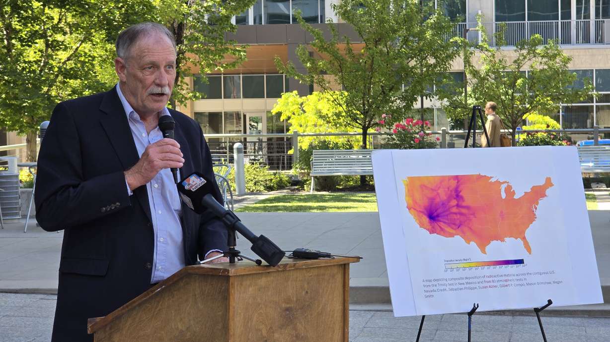 Steve Erickson with Downwinders Inc. speaks at a press conference urging congressional support for extending and expanding compensation to downwinders outside the Wallace F. Bennett Federal Building in Salt Lake City on Tuesday.