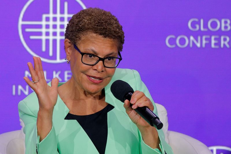 Los Angeles Mayor Karen Bass at the Milken Institute Global Conference in Beverly Hills, May 7. Bass said Tuesday she was considering a curfew in downtown LA to quell protests against immigration raids.