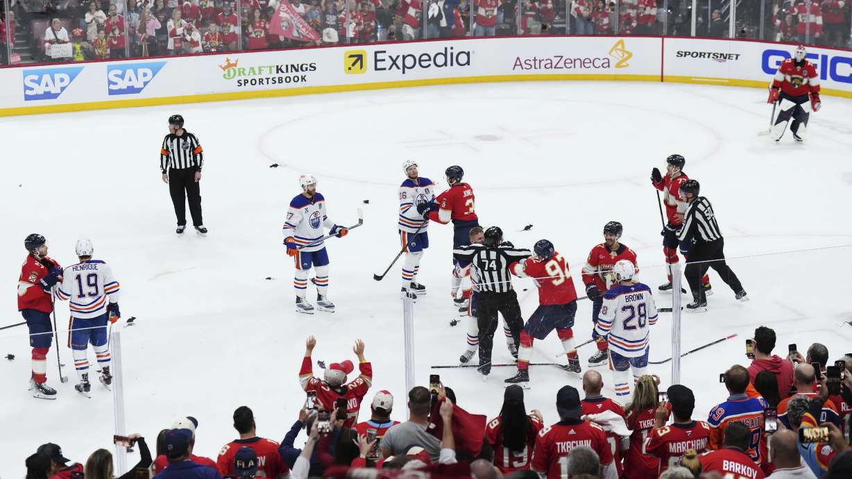 FILE - Toy rats litter the ice as the Edmonton Oilers and Florida Panthers scuffle at the end of the third period in Game 3 of the NHL hockey Stanley Cup Finals in Sunrise, Fla., Monday, June 9, 2025.