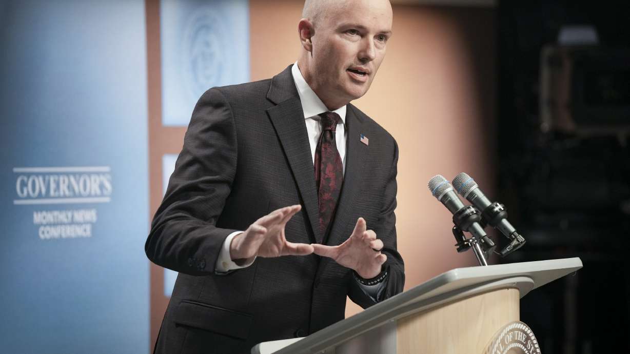 Gov. Spencer Cox speaks during his monthly news conference at PBS Utah in Salt Lake City on Tuesday.