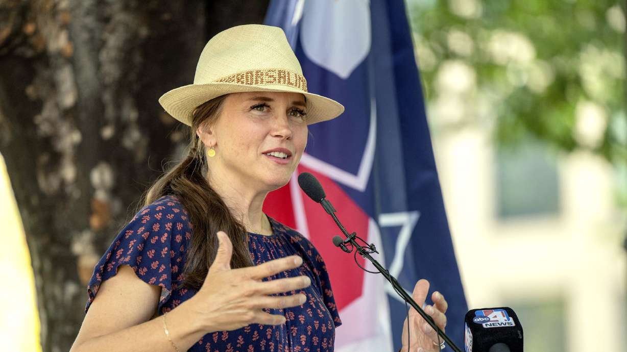 Salt Lake City Mayor Erin Mendenhall joins others for a celebration of Juneteenth at City Hall on June 10, 2025. The mayor said she feared for her and her family's lives amid threats made by a Farmington man last year over three new city flags.