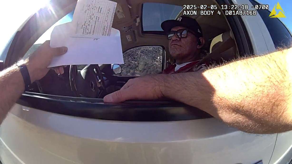 Michael Steven Bowman is pictured during a traffic stop near Monticello in San Juan County on Feb. 5.