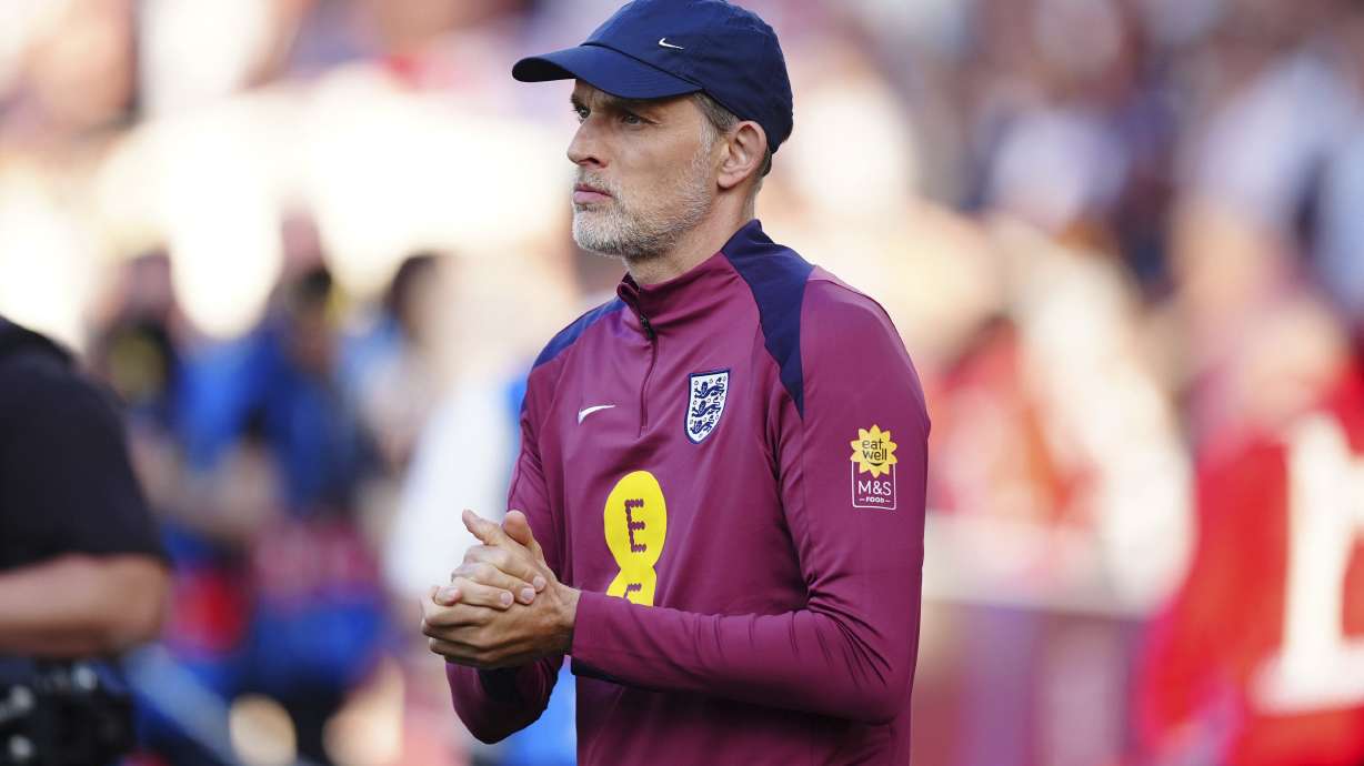 England manager Thomas Tuchel watches from the sideline before an international friendly match against Senegal at The City Ground in Nottingham, England, Tuesday, June 10, 2025.